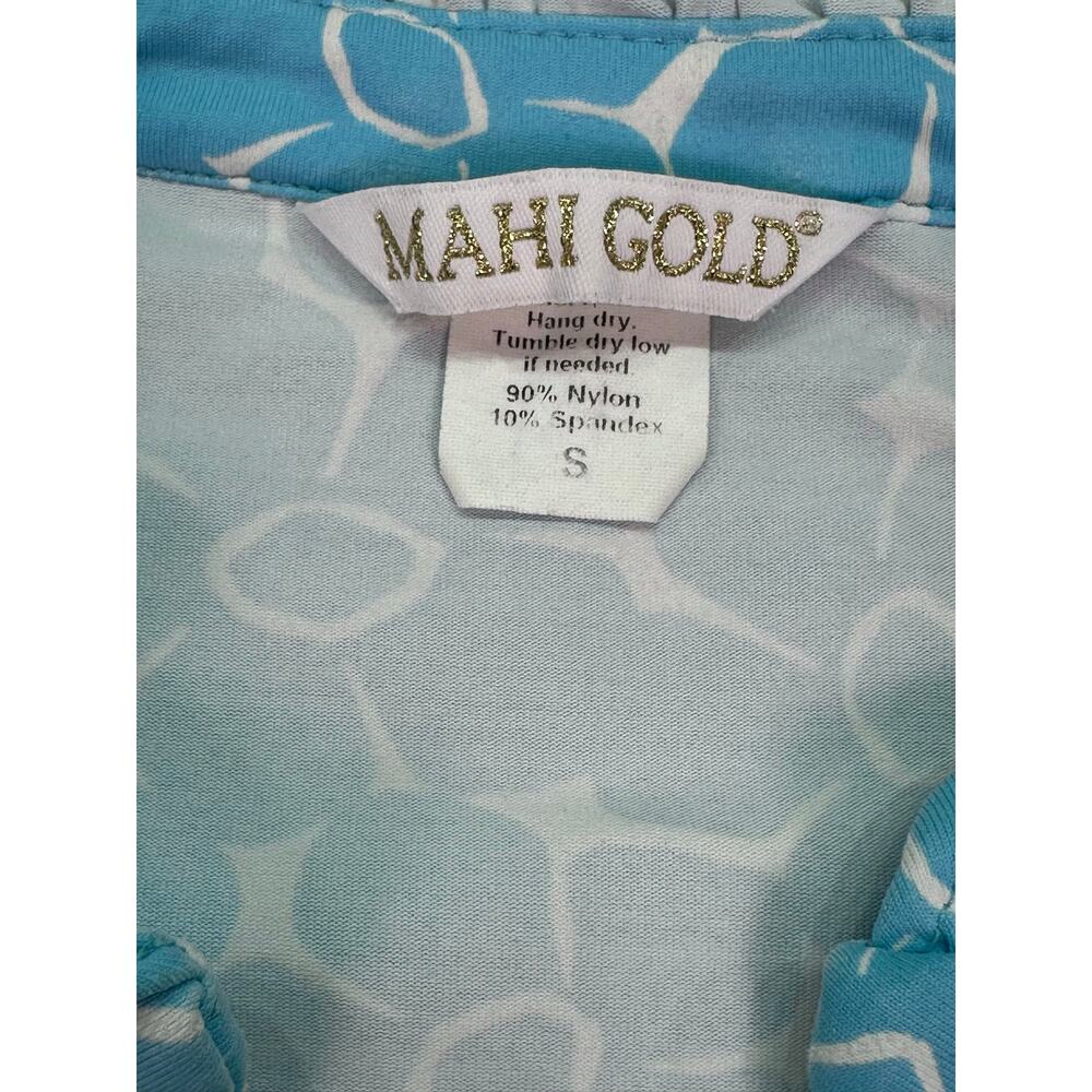 Mahi Gold Blue & White Geometric Tiered Dress Sleeveless Ruffle Neck Size Small - Picture 8 of 8